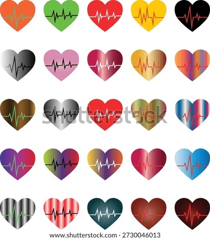 Collection of heart shapes with electrocardiogram lines in various colors. set of glossy hearts