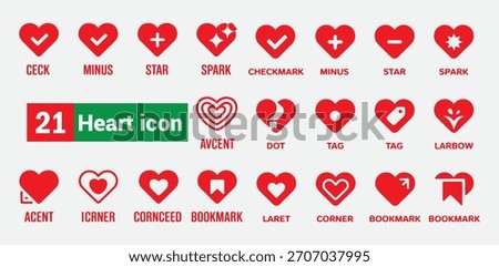 Collection of heart shapes featuring diverse internal markings such as checkmarks, plus signs, minus signs, and stars.