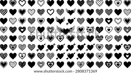 Collection of heart silhouettes with decorative patterns showing love symbol diversity in artistic black and white designs

