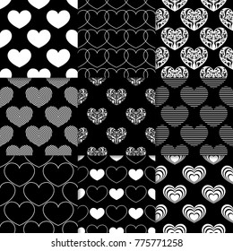 Collection of heart symbol as seamless pattern. Romantic black and white backgrounds for paper and textile. Vector illustration