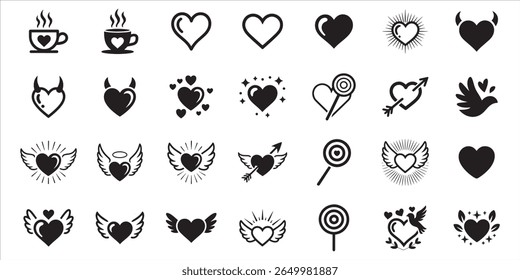Collection of Heart Themed Graphic Icons Depicting Love Romantic Themes and Symbolic Representations for Valentines Day and Wedding Celebrations