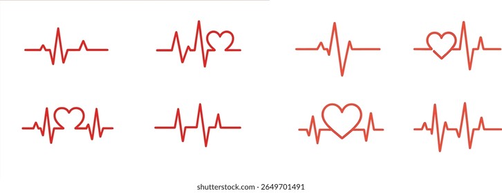 Collection of heartbeat icons depicting various heart and pulse designs, ideal for projects focused on health, love, or wellness. Each icon offers a unique representation of life and emotion.