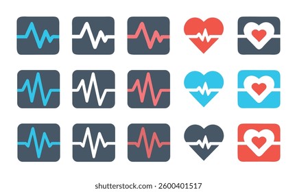 A collection of heartbeat monitor icons featuring various designs, including heart shapes, ECG waveforms, and medical-themed elements.