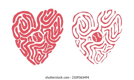 Collection of hearts with a baseball separately on a white background. Print for T-shirt, poster. Decorative hand drawn illustration for Valentine's day.