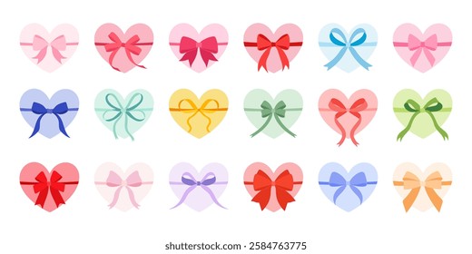 A collection of hearts with different colored bows. The bows are of various colors and sizes, and they are arranged in a row. Concept of joy and celebration, as the hearts