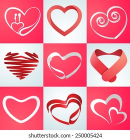 Collection of hearts in different shape with cute romantic couple for Happy Valentines Day celebration.