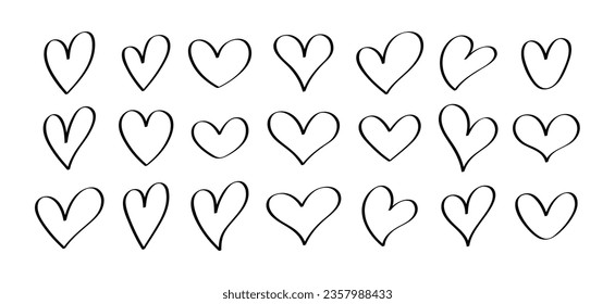 Collection of hearts in different shape. Hand drawn hearts icons set isolated on white background. Usable for printing, banners, t-shirt and Valentine's day. Vector graphic design.