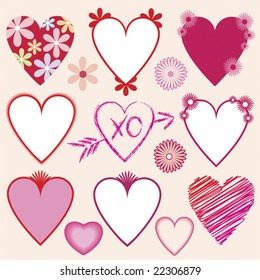 A collection of hearts and flowers illustrations and borders in vector format for Valentine's cards, ads, posters, artwork, etc. Items grouped for easy selection. Background color easily removed.