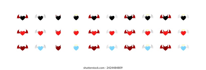 Collection of hearts icons. Flat, color, hearts with wings and horns set, collection of hearts for design. Vector icons