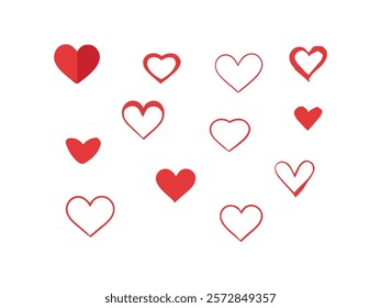 Collection of hearts icons in red color. simple shaped metal heart with stroke valentines day icons. Red Heart Icons Collection, Simple Heart Shapes for Valentine’s Day, Decorative Heart Icons