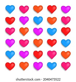 Collection of hearts illustrations. Set of realistic hearts with shadows. Love symbol icon set. Valentine's Day.