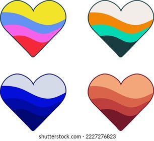 A collection of hearts with multi-colored waves inside. The heart contoured. Tinted colors and vibrant colors. Vector illustration