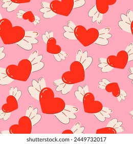 A collection of hearts of various sizes. Soft pink hue background. Hand drawn heart doodles with wings. Seamless pattern.
Cute flying symbol Cupid.
Love concept and St. Valentine's Day.