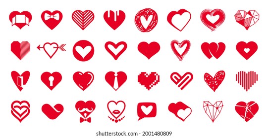 Colección de logotipos vectores de corazones o conjunto de iconos, formas de corazón de diferentes estilos y conceptos símbolos, amor y cuidado, salud y cardiología, geométrico y bajo poli.