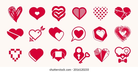 Colección de logotipos vectores de corazones o conjunto de iconos, formas de corazón de diferentes estilos y conceptos símbolos, amor y cuidado, salud y cardiología, geométrico y bajo poli.