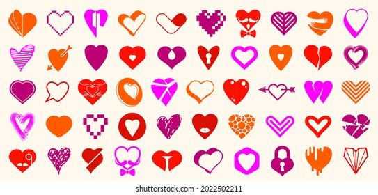 Colección de logotipos vectores de corazones o conjunto de iconos, formas de corazón de diferentes estilos y conceptos símbolos, amor y cuidado, salud y cardiología, geométrico y bajo poli.
