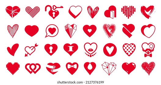 Colección de logotipos vectores de corazones o conjunto de iconos, formas de corazón de diferentes estilos y conceptos símbolos, amor y cuidado, salud y cardiología, geométrico y bajo poli.
