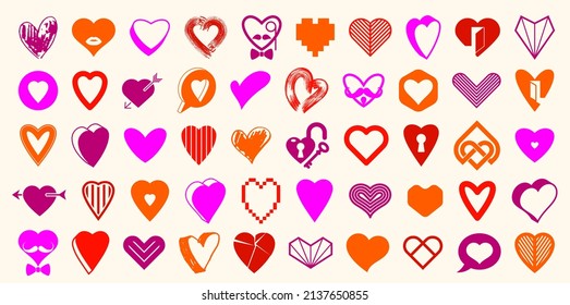Collection of hearts vector logos or icons set, heart shapes of different styles and concepts symbols, love and care, health and cardiology, geometric and low poly.