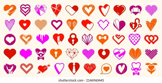 Colección de logotipos vectores de corazones o conjunto de iconos, formas de corazón de diferentes estilos y conceptos símbolos, amor y cuidado, salud y cardiología, geométrico y bajo poli.