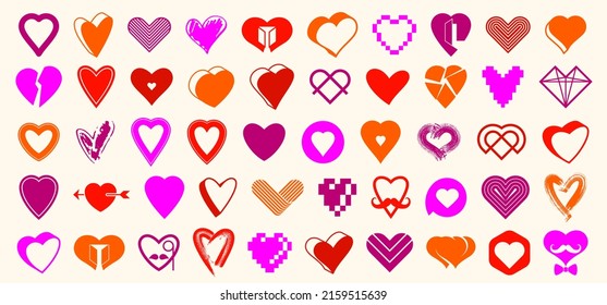 Collection of hearts vector logos or icons set, heart shapes of different styles and concepts symbols, love and care, health and cardiology, geometric and low poly.