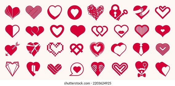 Colección de logotipos vectores de corazones o conjunto de iconos, formas de corazón de diferentes estilos y conceptos símbolos, amor y cuidado, salud y cardiología, geométrico y bajo poli.
