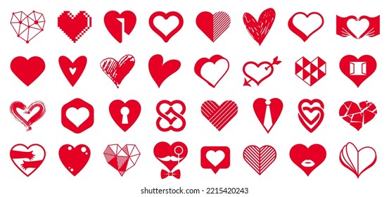 Collection of hearts vector logos or icons set, heart shapes of different styles and concepts symbols, love and care, health and cardiology, geometric and low poly.