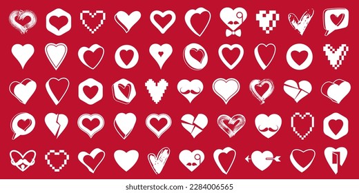 Colección de logotipos vectores de corazones o conjunto de iconos, formas de corazón de diferentes estilos y conceptos símbolos, amor y cuidado, salud y cardiología, geométrico y bajo poli.