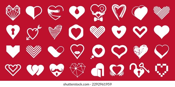Collection of hearts vector logos or icons set, heart shapes of different styles and concepts symbols, love and care, health and cardiology, geometric and low poly.