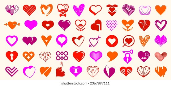 Collection of hearts vector logos or icons set, heart shapes of different styles and concepts symbols, love and care, health and cardiology, geometric and low poly.