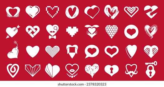 Collection of hearts vector logos or icons set, heart shapes of different styles and concepts symbols, love and care, health and cardiology, geometric and low poly.