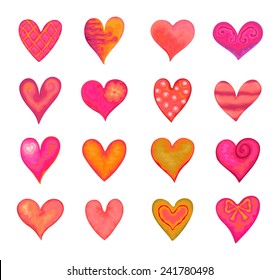 Collection of hearts in watercolor style for Valentine's Day, vector illustration.