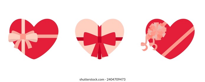 Collection of heart-shape gift boxes with bows, top view. Modern flat vector illustration