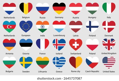 A collection of heart-shaped flags representing various countries, symbolizing global unity, peace, and love. Ideal for international, patriotic, and multicultural design projects.