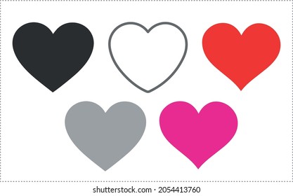 Collection of heart-shaped vector illustrations, multi-colored, framed with dotted lines. on a white background