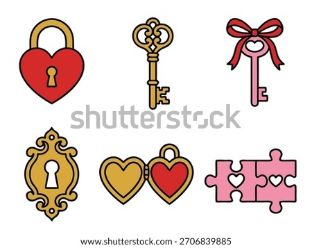 A collection of heart-themed illustrations including a lock, keys, a keyhole, a locket, and puzzle pieces.