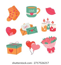 Se muestra una colección de artículos de temática cardíaca. Cada artículo incluye cajas de regalo, flores, bebidas y decoraciones. Estos artículos son comunes para las celebraciones, el amor y el afecto.