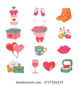 Se muestra una colección de artículos de temática cardíaca. Cada artículo incluye cajas de regalo, flores, bebidas y decoraciones. Estos artículos son comunes para las celebraciones, el amor y el afecto.