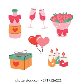 Se muestra una colección de artículos de temática cardíaca. Cada artículo incluye cajas de regalo, flores, bebidas y decoraciones. Estos artículos son comunes para las celebraciones, el amor y el afecto.