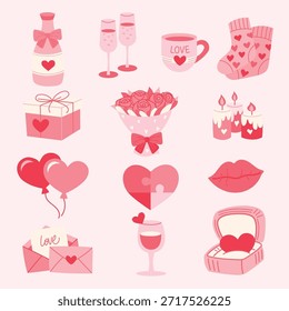 Se muestra una colección de artículos de temática cardíaca. Cada artículo incluye cajas de regalo, flores, bebidas y decoraciones. Estos artículos son comunes para las celebraciones, el amor y el afecto.