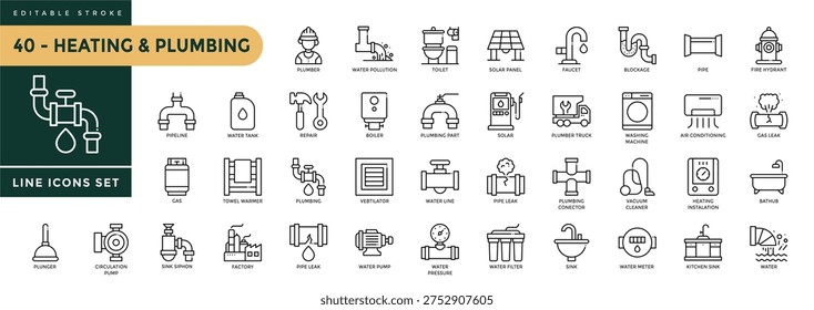 A collection of Heating and Plumbing icons set with editable stroke, including house engineering, pipes, boilers, tools, ventilation, construction. Thin linear vector illustration.
