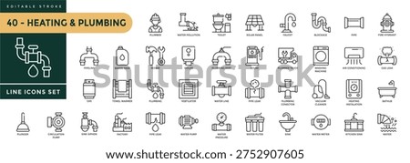 A collection of Heating and Plumbing icons set with editable stroke, including house engineering, pipes, boilers, tools, ventilation, construction. Thin linear vector illustration.
