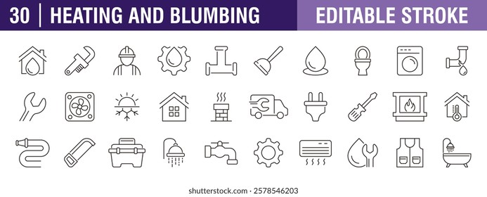 Collection of heating and plumbing icons. Water, pipes, drains, temperature. Vector design template, signs, symbols, editable stroke.