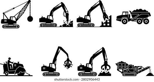 Collection of heavy construction and demolition silhouette icons featuring excavators, cranes, dump trucks, road rollers, and industrial machinery. Ideal for construction companies, mining, engineering projects, infrastructure development, and industrial design use.