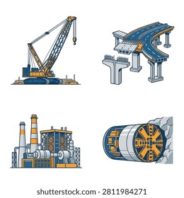 Collection of heavy industry construction machinery and infrastructure engineering illustrations including crane bridge factory and tunnel boring machine.