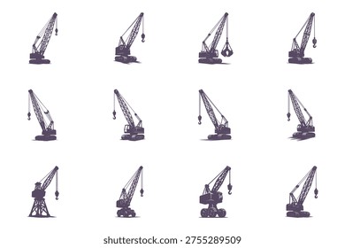 collection of heavy industry cranes in various positions