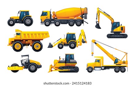 Collection of heavy machinery construction vehicles isolated on white background