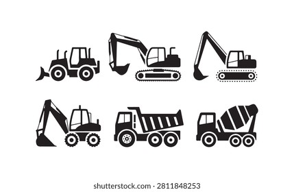 Collection of heavy machinery silhouettes vector illustration with construction equipment for earthworks and building.