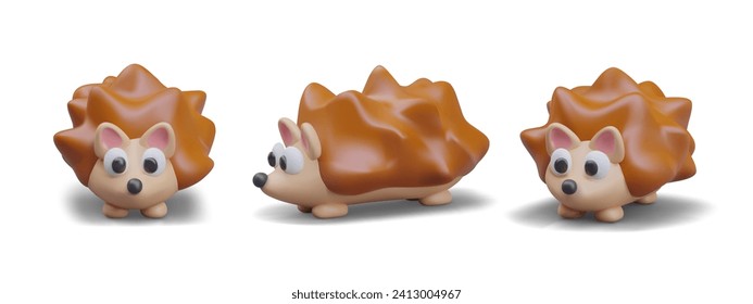 Collection with hedgehog in different position in brown colors. Cute cartoon little animal on white background with shadow. Vector illustration in 3d style