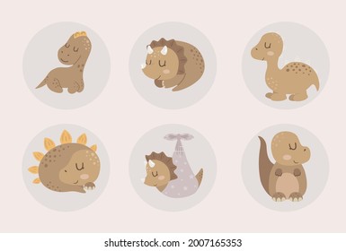 Collection of heerful and cute baby dinosaurs. Design for newborns, invitations, postcards and baby textiles or scrapbooking