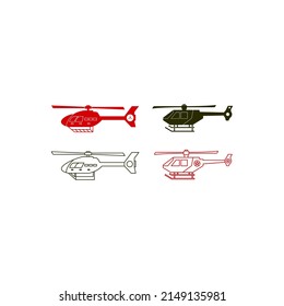 Iconos de helicópteros de colección, ilustración vectorial. Militares, construcción, extinción de incendios, búsqueda y salvamento, turismo, helicóptero médico, aislado en fondo blanco